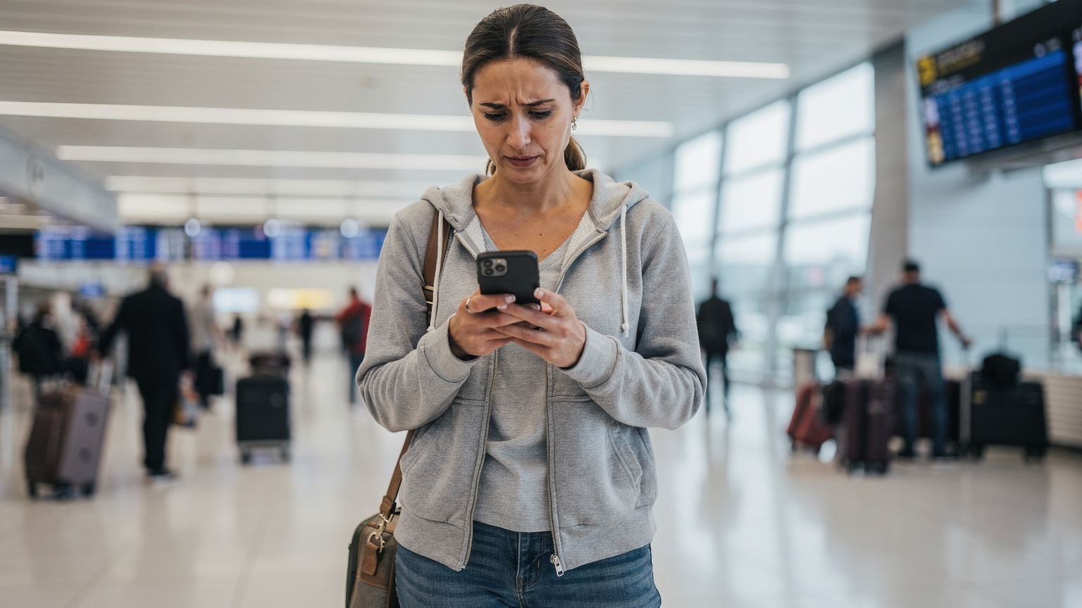En kvinna i en flygplatsterminal tittar bekymrat på sin smartphone, troligtvis på grund av en uppkopplingsproblematik. I bakgrunden syns resväskor och andra resenärer.