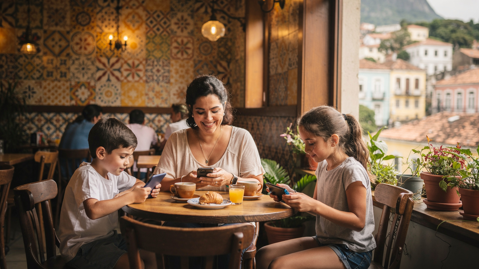 Uma mãe brasileira, sorridente, sentada em um café movimentado no bairro de Santa Teresa, Rio de Janeiro, com seus dois filhos. Ela está olhando o celular, enquanto um filho joga em um tablet e o outro usa um Nintendo Switch, evidenciando a necessidade de internet para múltiplos dispositivos infantis.