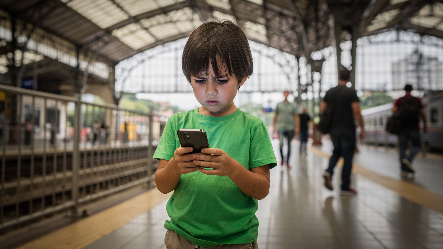 Uma criança de aproximadamente 10 anos, com cabelo escuro e vestindo uma camiseta colorida, está olhando para a tela de um smartphone com uma expressão de frustração, sentada em um banco de uma estação de trem movimentada em São Paulo, com pessoas passando ao fundo.