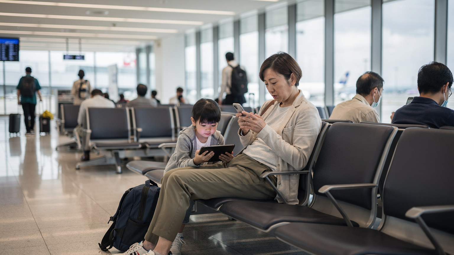 日本の空港の搭乗ゲートで、子供がタブレットで動画を見ている横で、親がスマートフォンでeSIMのヘルプセンターにチャットで問い合わせている様子。
