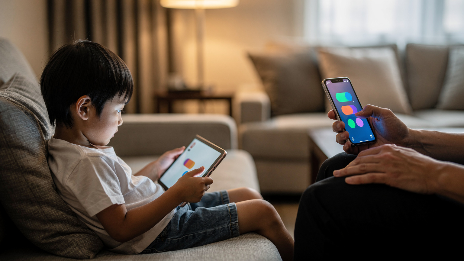 子供がソファでタブレットを使ってゲームに夢中になっている。その横で親が自分のスマートフォンでCellesimのデータ使用量アプリを開き、子供の通信状況をチェックしている。