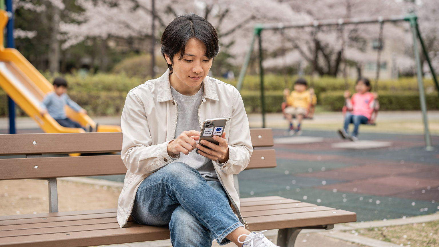 日本の公園で、子供たちが楽しそうに遊んでいる間に、親がスマートフォンを使い、CellesimとトリファのeSIMアプリの比較画面を真剣に見ている。