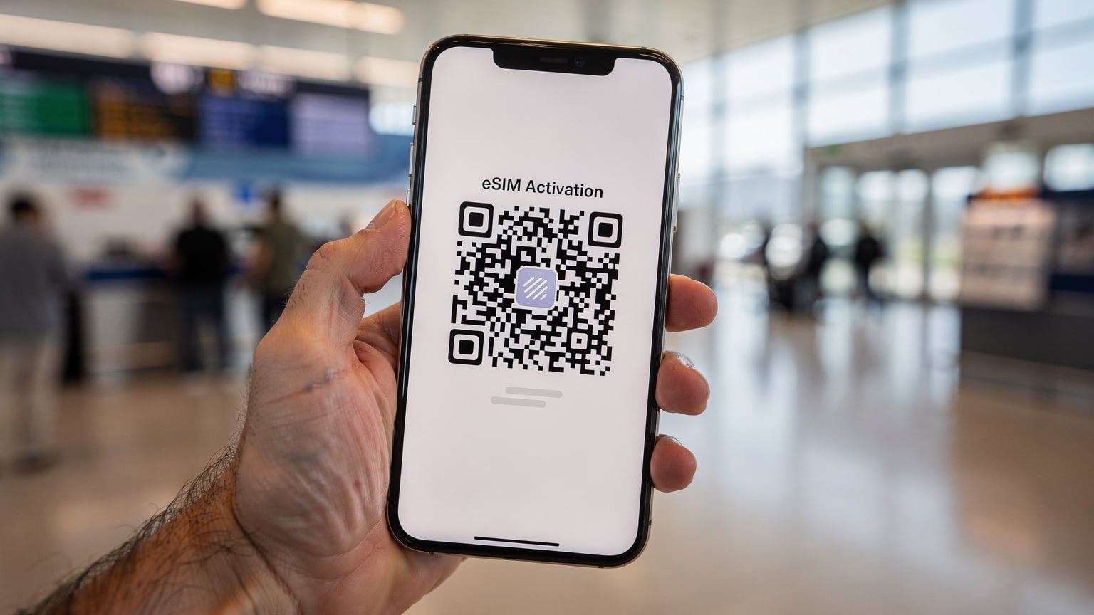 Крупный план мужской руки, держащей смартфон с QR-кодом для активации eSIM на экране, в размытом фоне интерьера аэропорта.