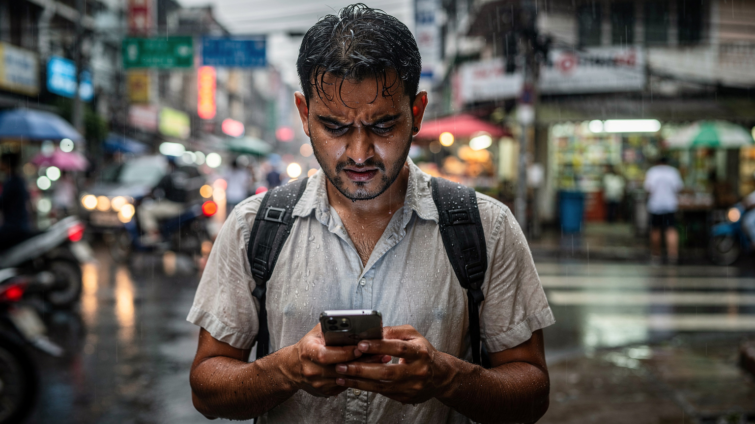 बारिश में भीगते हुए एक यात्री अपने फोन पर eSIM सक्रिय करने के लिए संघर्ष कर रहा है, जिसके पीछे एक एशियाई शहर की व्यस्त पृष्ठभूमि है.