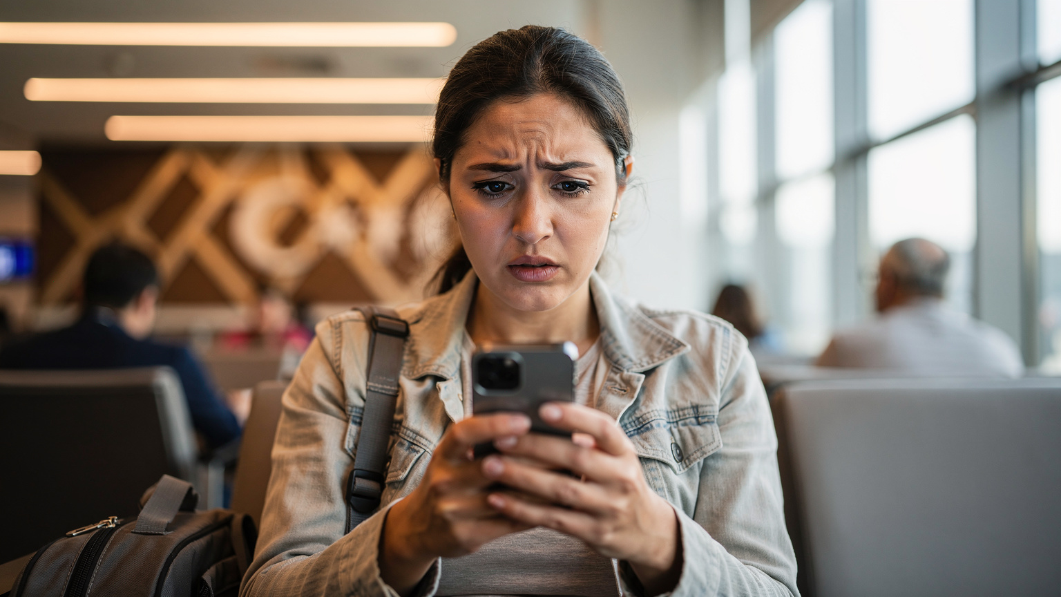 Un viajero con expresión de preocupación mirando su teléfono, con la pantalla mostrando una factura de roaming inesperadamente alta, en un entorno de aeropuerto.