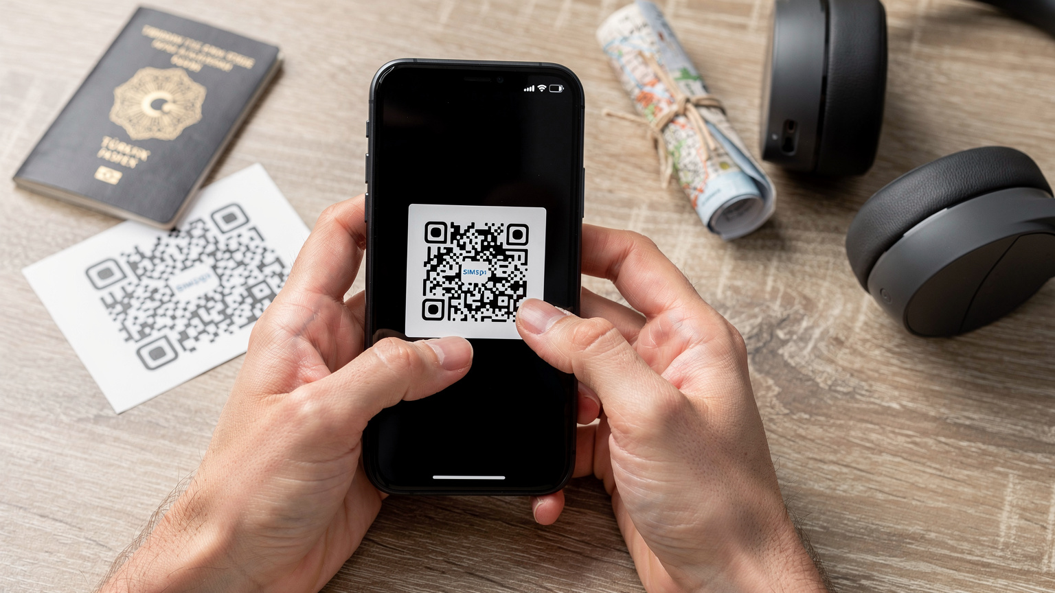 Manos de un viajero escaneando un código QR en su teléfono para activar una eSIM, con un fondo de detalles de viaje como un pasaporte y un mapa.