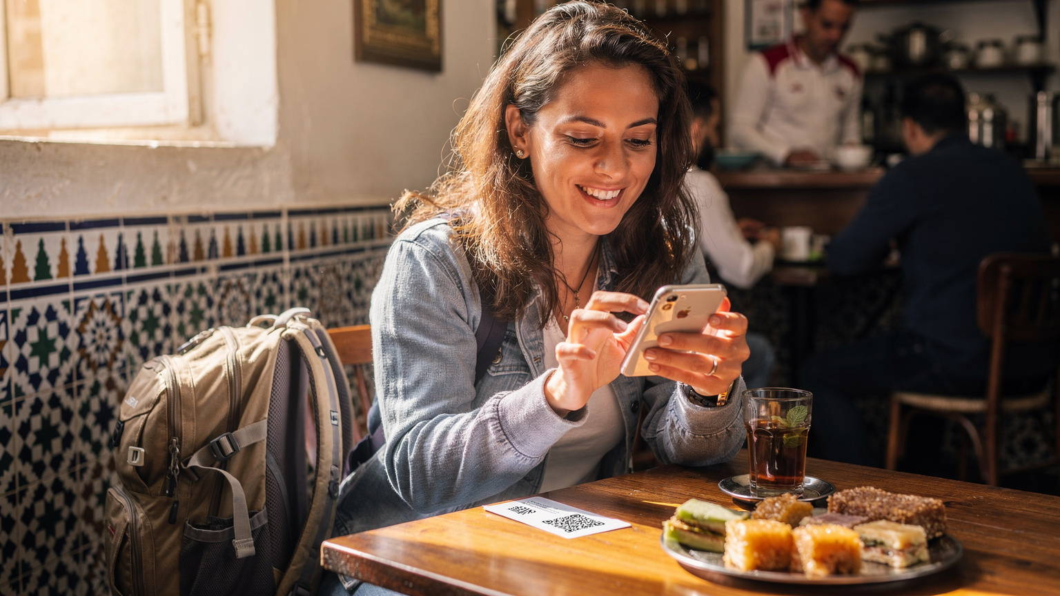 Une voyageuse souriante scanne un QR code eSIM avec son iPhone dans un café animé et lumineux du quartier de Bab El Oued à Alger, un verre de thé à la menthe et des pâtisseries sur la table.