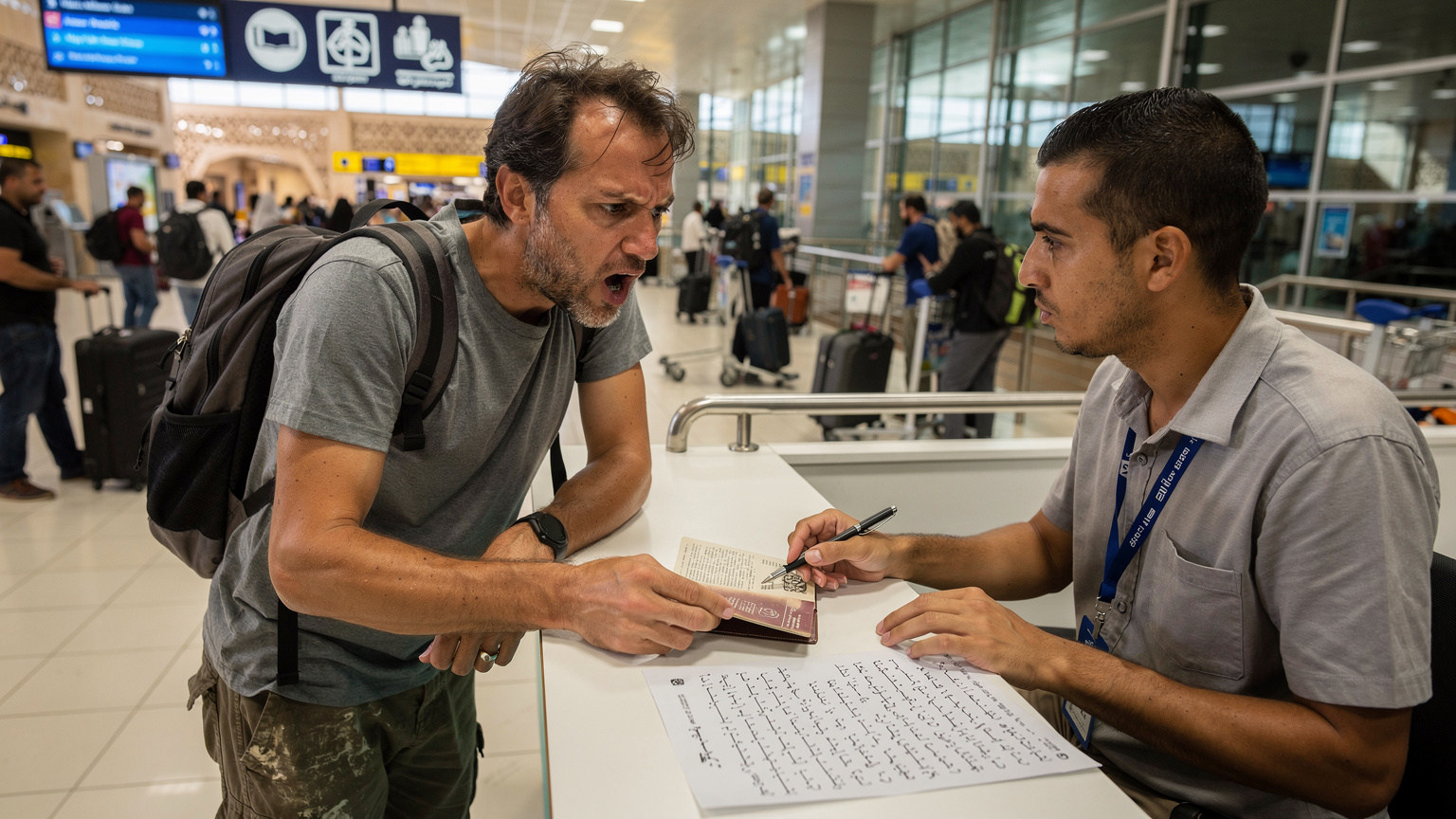 Un voyageur à l'aéroport d'Alger, les sourcils froncés, tente de comprendre les explications d'un vendeur de cartes SIM qui lui tend un formulaire en arabe, son passeport ouvert sur le comptoir.