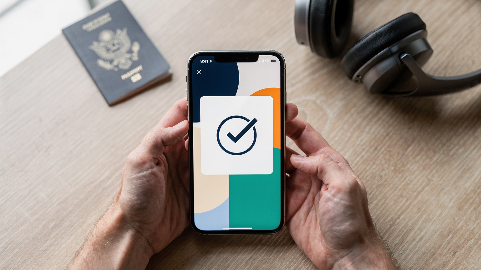 Un gros plan sur des mains tenant un smartphone affichant un écran de confirmation d'activation d'eSIM, avec un passeport et des écouteurs en arrière-plan, sur une table en bois clair.