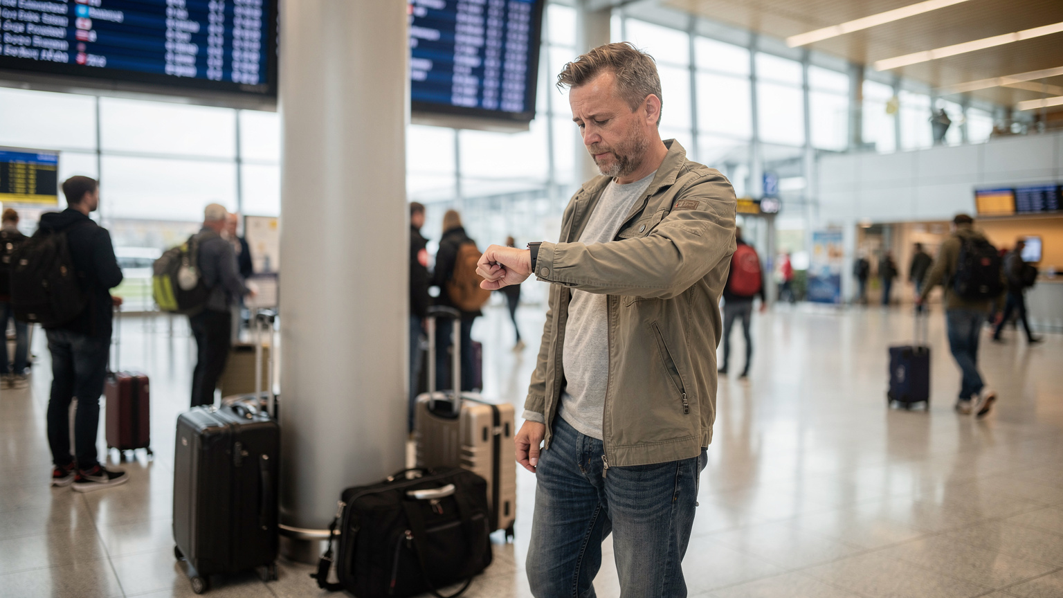 En travel reisende ser frustrert på sin Apple Watch på flyplassen i Gardermoen, mens han venter på avgangen til et internasjonalt reisemål. Rundt ham er det andre passasjerer og bagasje, med et avgangstavle i bakgrunnen.