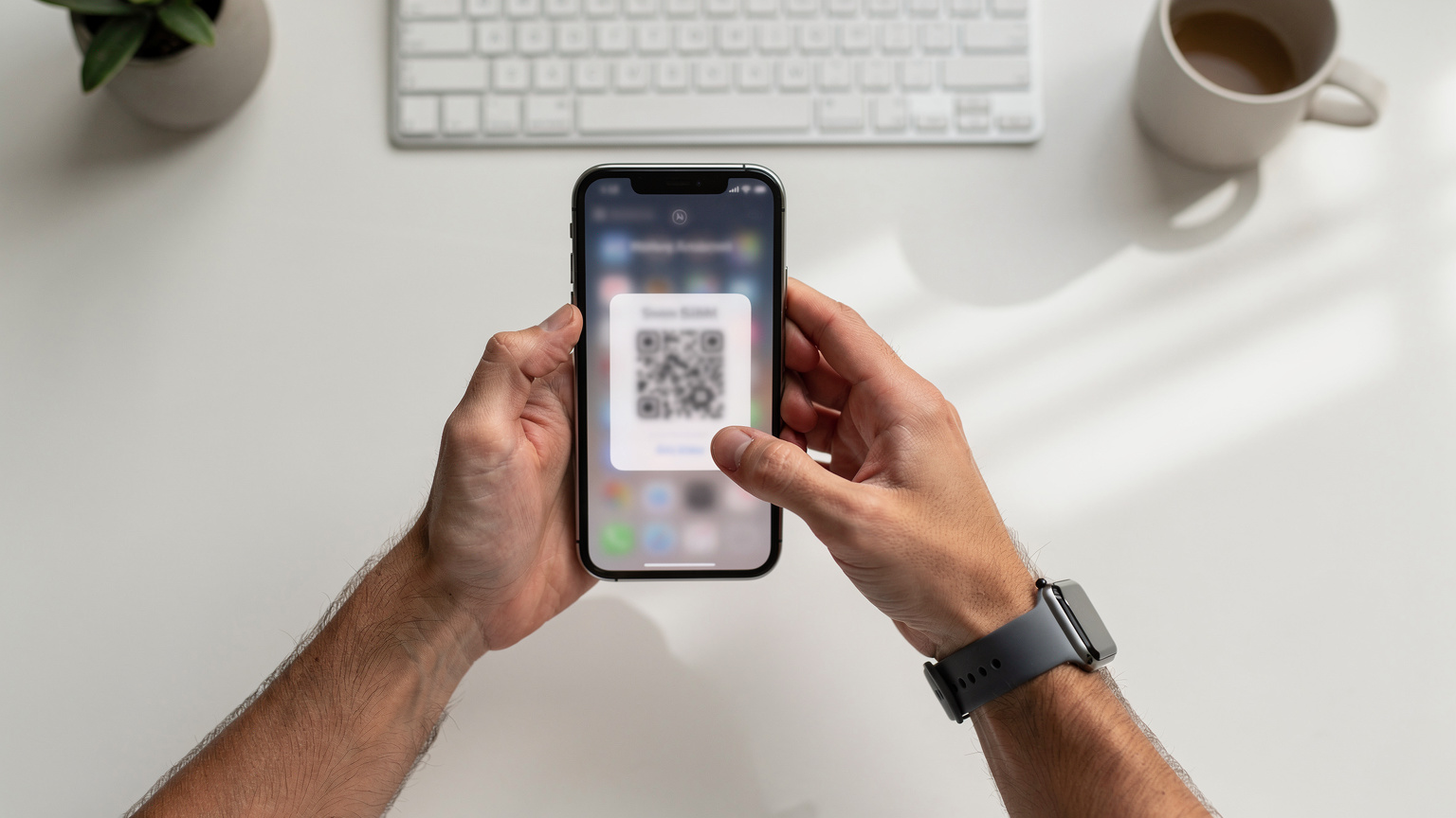 En manns hender holder en iPhone og en Apple Watch, og viser en eSIM-aktiveringsprosess på iPhone-skjermen. Klokken er synlig på håndleddet, men uten synlig UI.