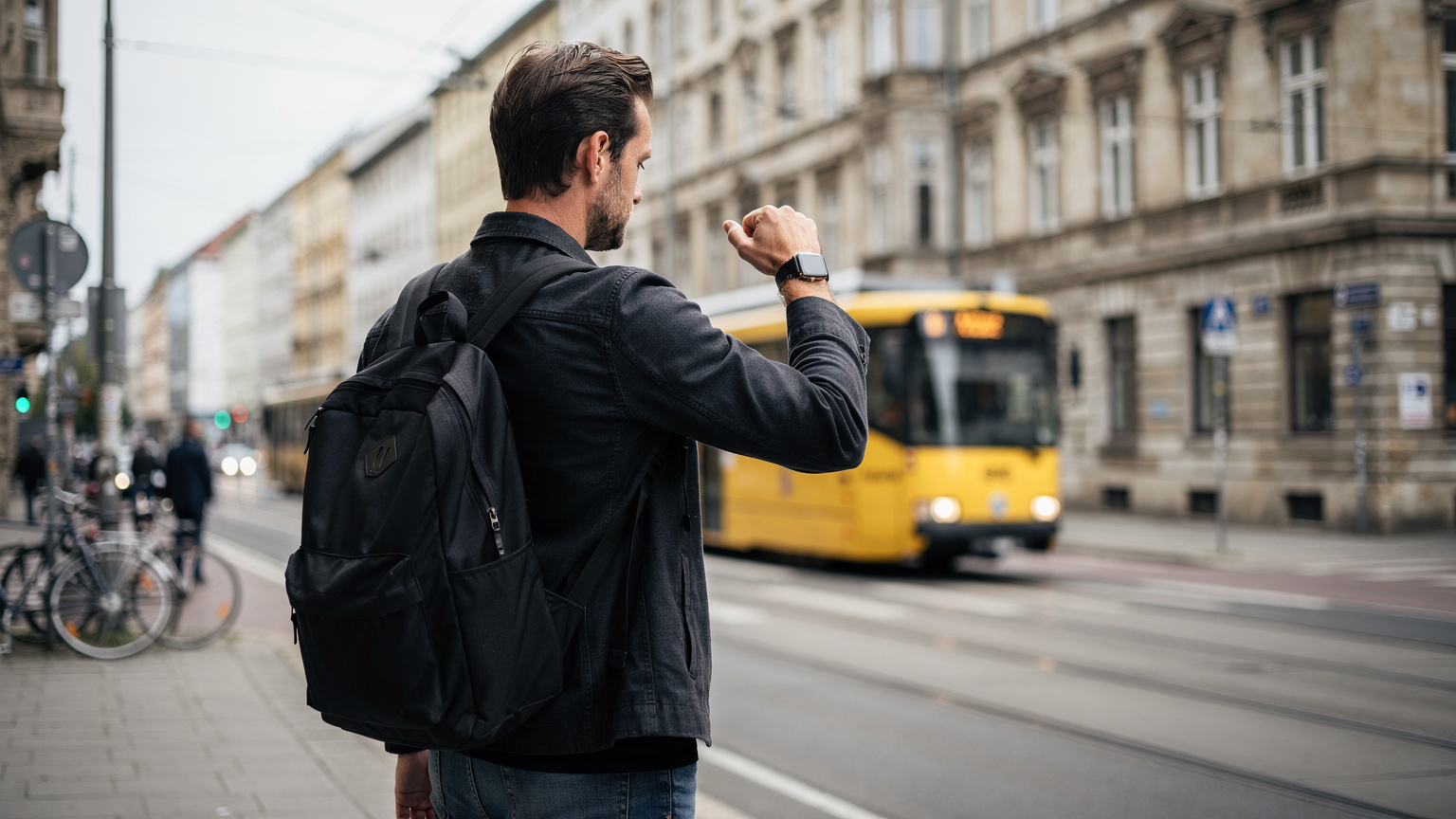 En reisende sjekker kartet på sin Apple Watch mens han venter på en trikk fra BVG i Berlin, med ryggen til en historisk bygning. Klokken er lys og tydelig, med en minimalistisk, funksjonell design.