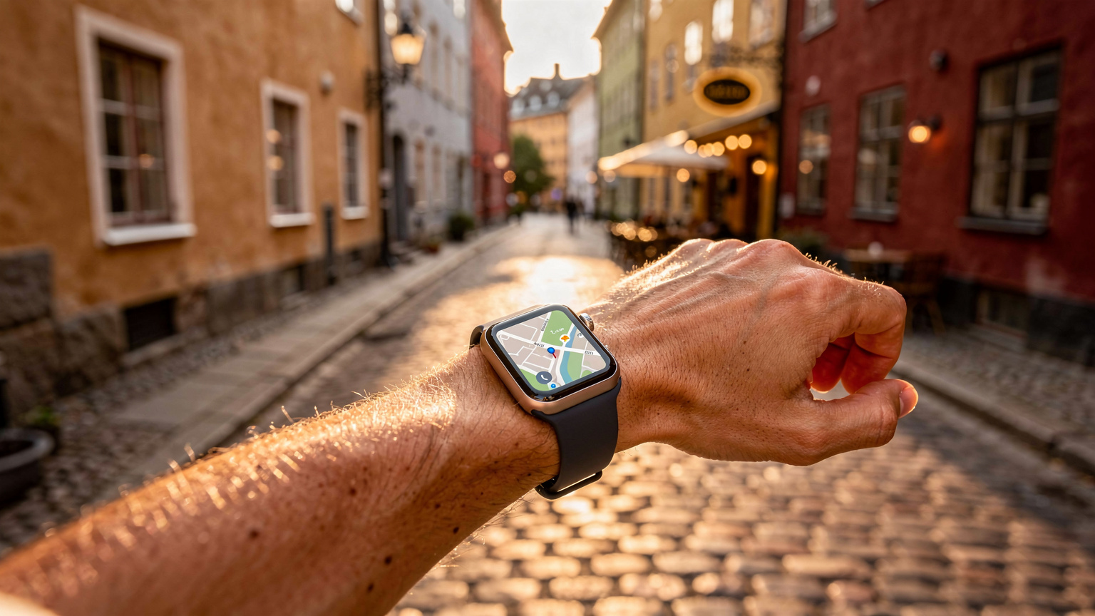 En hånd holder en Apple Watch som viser et kart over et ukjent europeisk nabolag, med historiske bygninger og brosteinsgater i bakgrunnen. Solen skinner fra siden, og skaper en varm atmosfære.