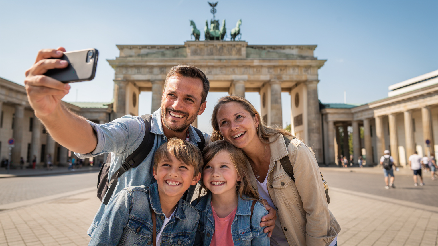 Eine lächelnde Familie steht vor dem Brandenburger Tor in Berlin und macht ein Selfie. Alle Familienmitglieder sehen entspannt und gut verbunden aus.