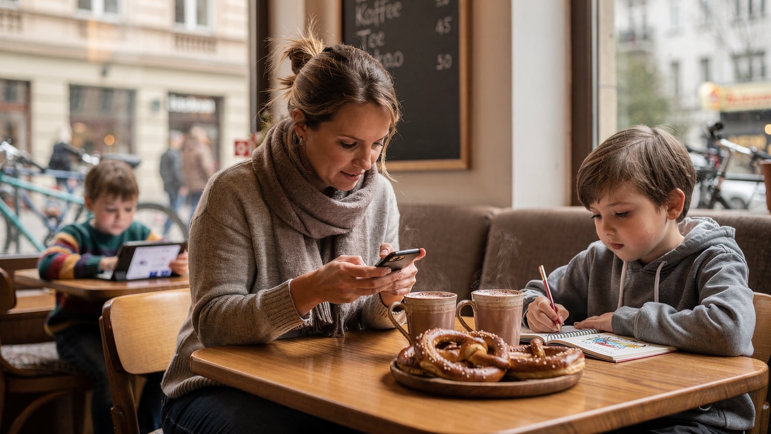 Eine Mutter vergleicht auf ihrem Smartphone eSIM-Angebote, während ihre Kinder im Hintergrund friedlich in einem Café in Berlin sitzen, eines davon auf einem Tablet spielt.