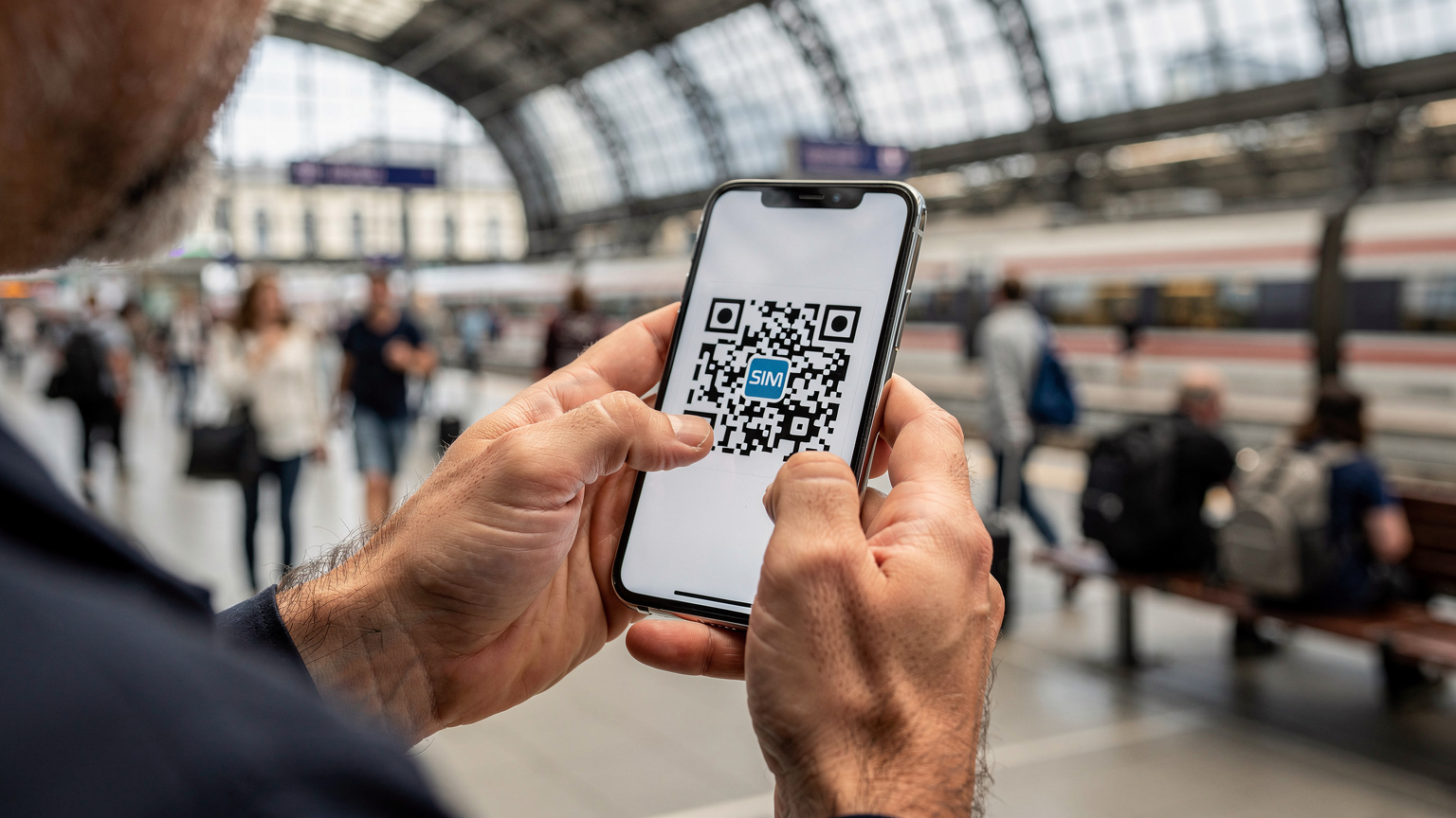 Nahaufnahme der Hände eines Vaters, der auf einem Smartphone einen QR-Code für die eSIM-Aktivierung scannt, im Hintergrund verschwimmt ein belebter Bahnhof mit Reisenden.