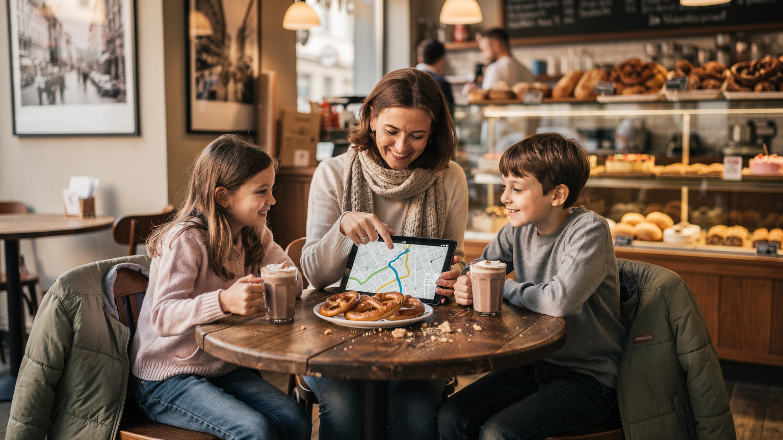 Eine Mutter sitzt mit ihren Kindern in einer gemütlichen Berliner Bäckerei, sie trinken Kakao und essen Brezeln. Die Mutter zeigt den Kindern auf ihrem Tablet eine Route auf einer Offline-Karte.