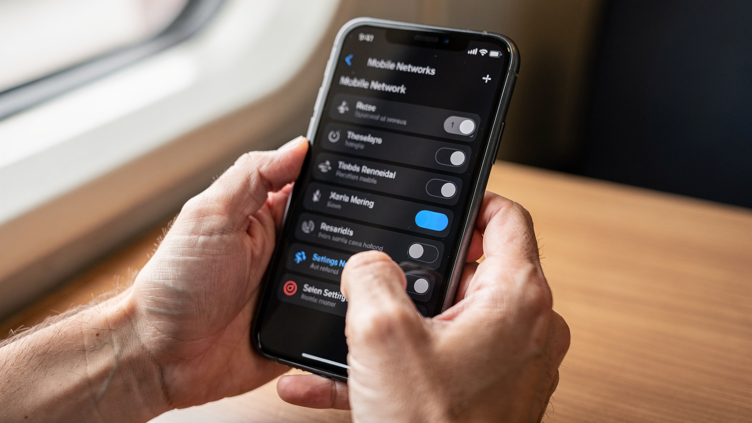 Close-up van de handen van een persoon die een moderne smartphone vasthoudt, waarbij de duim zachtjes over het scherm veegt om de mobiele instellingen te openen en de eSIM-profielen te beheren, met een lichte onscherpte op de achtergrond die een reisomgeving suggereert.