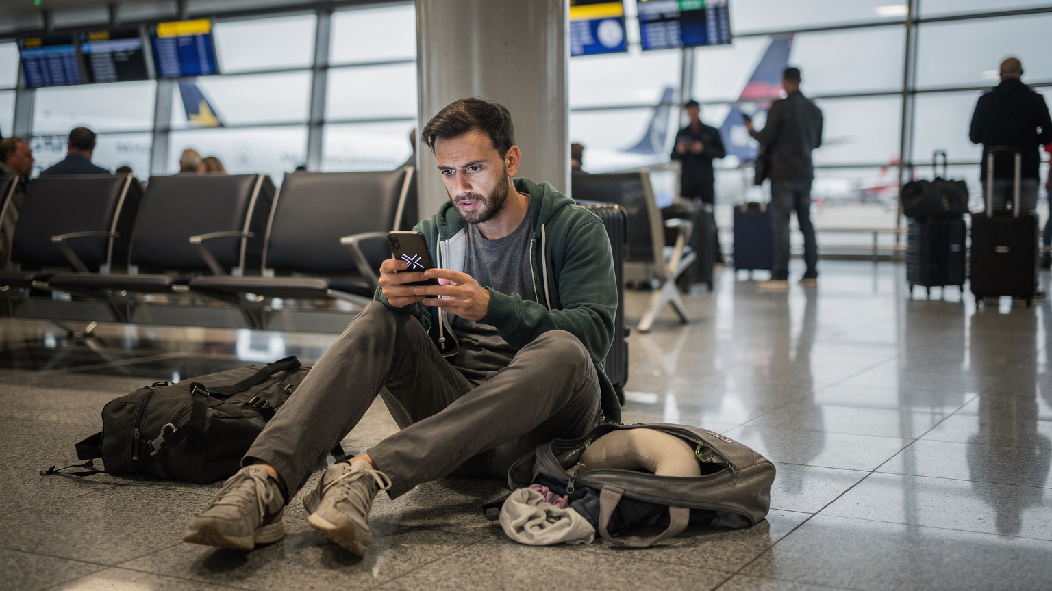 Een teleurgestelde reiziger zit op de vloer van een drukke internationale luchthaventerminal, de telefoon in de hand met een 'geen service' melding, omringd door onuitgepakte bagage en met een blik van lichte wanhoop en frustratie.