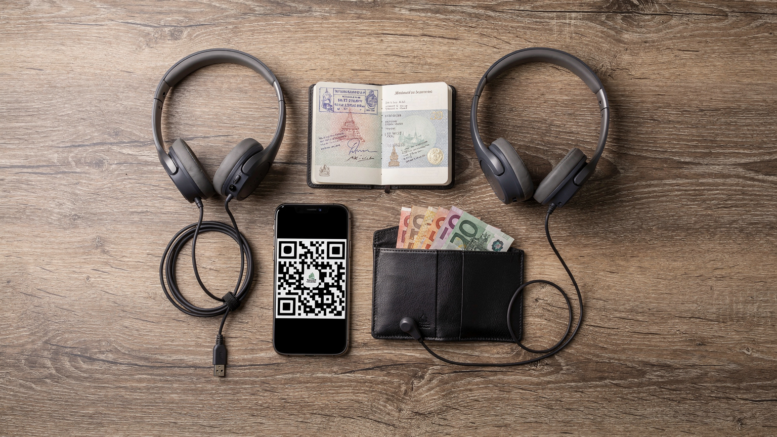 Een zorgvuldig georganiseerde flat-lay van essentiële reisbenodigdheden: een open paspoort, een smartphone met een QR-code voor eSIM-installatie op het scherm, een paar over-ear koptelefoons, een compacte reisgids en een leren portemonnee met lokale valuta, alles gerangschikt op een rustieke houten tafel.