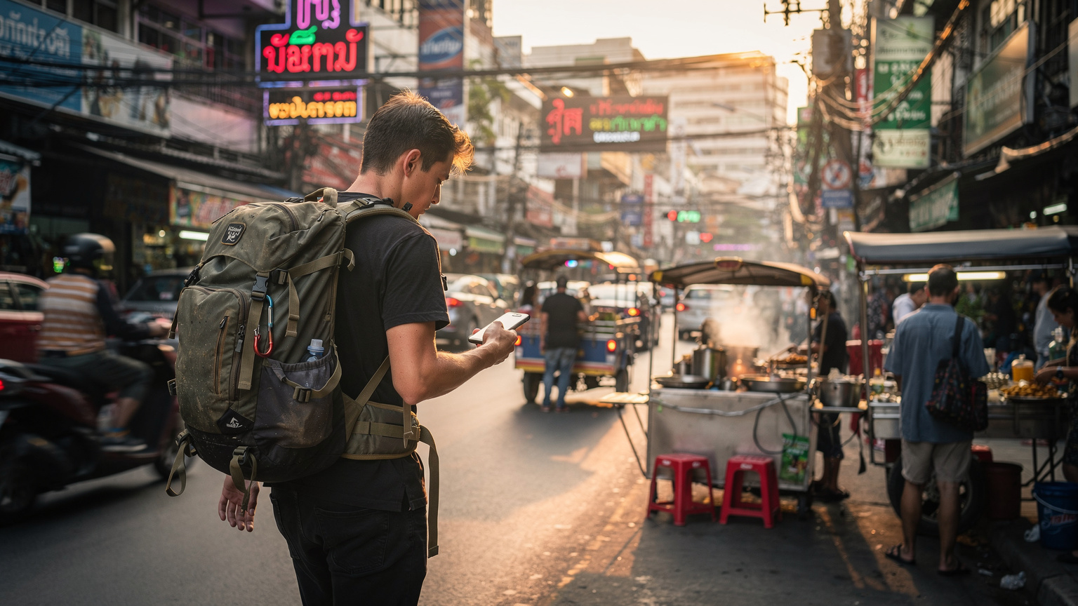 Een jonge, energieke backpacker met een rugzak navigeert door de drukke, levendige straten van Bangkok, Thailand, terwijl hij zijn smartphone gebruikt om de weg te vinden, omringd door neonreclames, street food kraampjes en voorbijrijdende tuktuks.