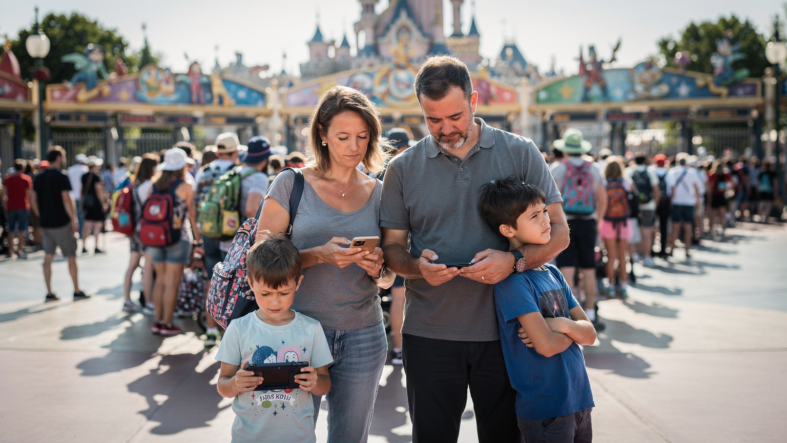 Une famille avec des enfants, debout dans une longue file d'attente à l'entrée d'un parc à thème, les parents regardant leurs téléphones, l'air un peu las mais organisés, vérifiant les files d'attente avec l'eSIM.