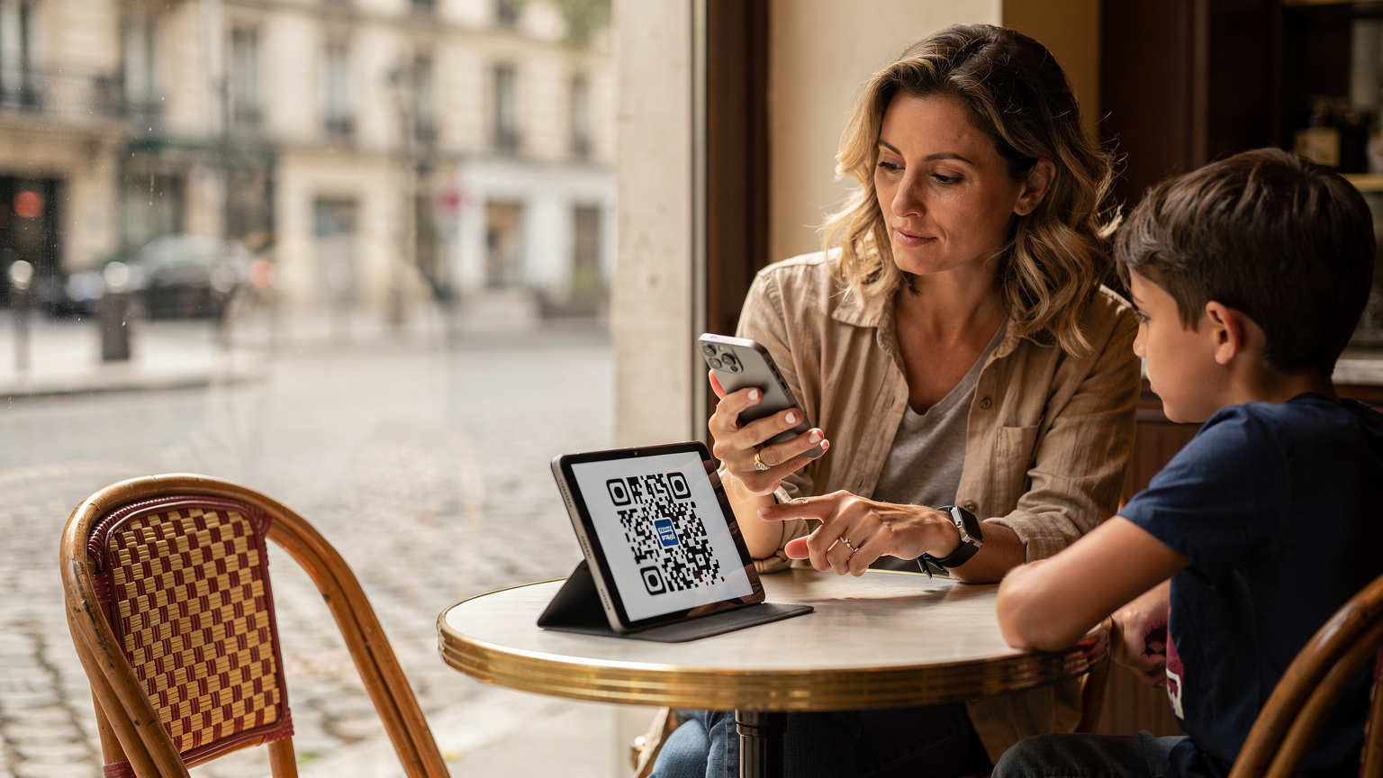 Une mère montre un QR code eSIM affiché sur la tablette de son enfant à son nouvel iPhone, dans un café lumineux de Montmartre, Paris, avant de partir en voyage.