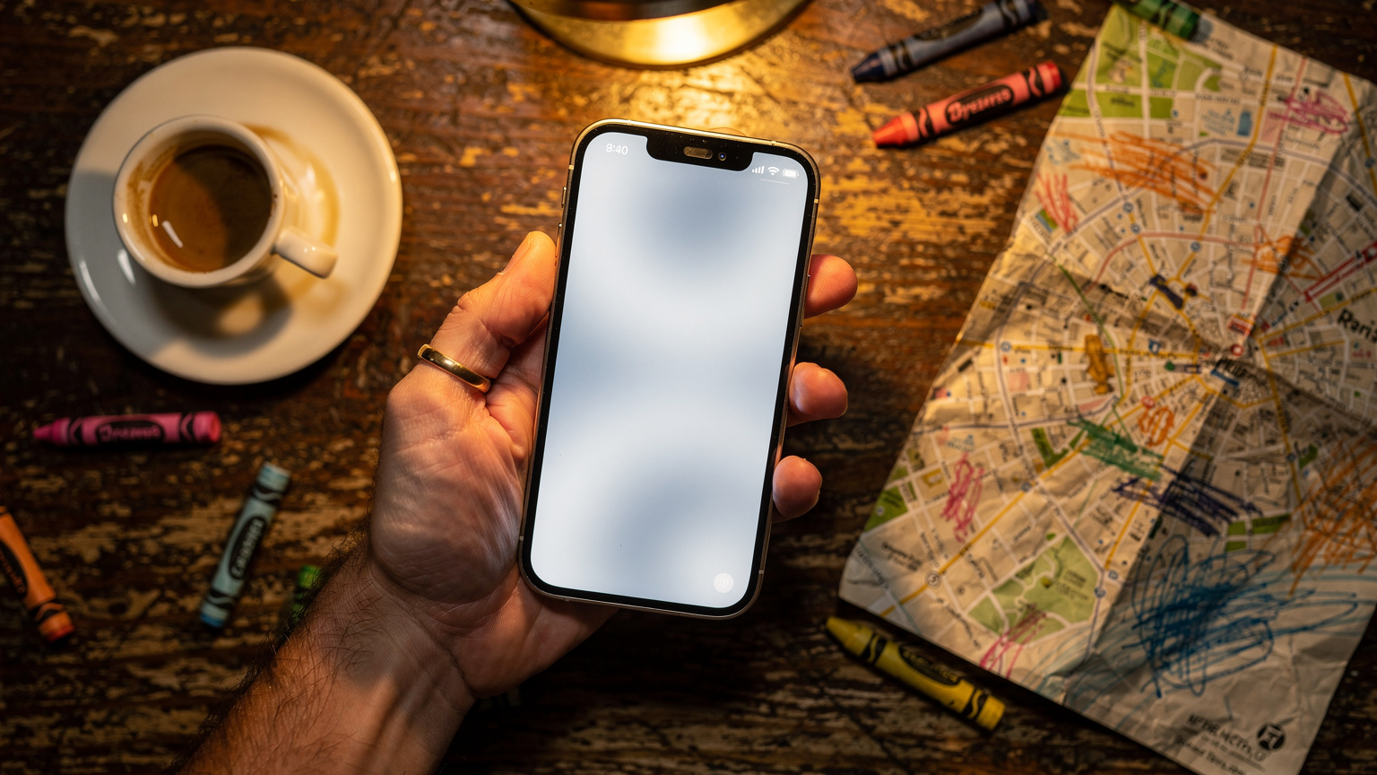 Un écran d'iPhone affichant l'application Cellesim avec différentes options de forfaits data et de destinations, tenu par une main d'adulte sur une table de café, avec un plan de ville froissé et des crayons de couleur d'enfants en arrière-plan, en vue éditoriale à plat.