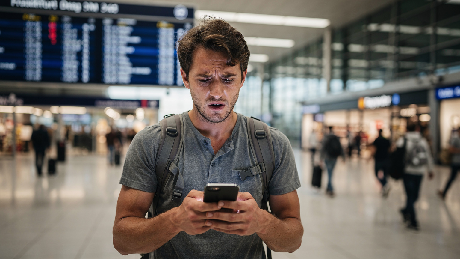 Un uomo con uno zaino guarda il suo smartphone con un'espressione confusa in un affollato terminal dell'aeroporto di Francoforte, cercando una connessione. L'immagine cattura la frustrazione del momento.