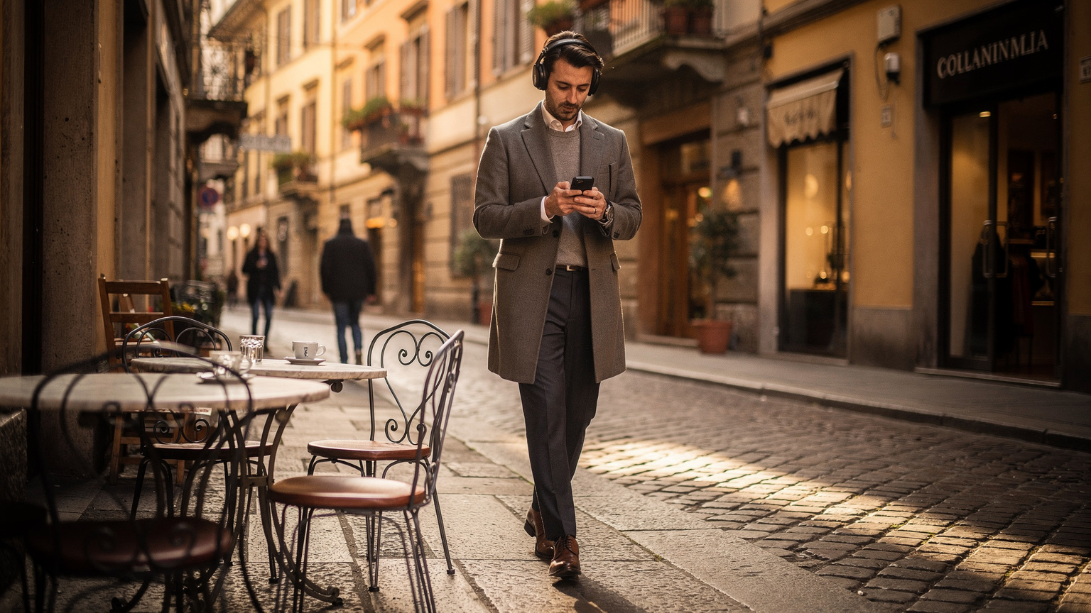 Un elegante caffè all'aperto nel quartiere di Brera a Milano, con tavolini e sedie in ferro battuto. Un passante sta usando il suo smartphone mentre cammina lungo la strada acciottolata.