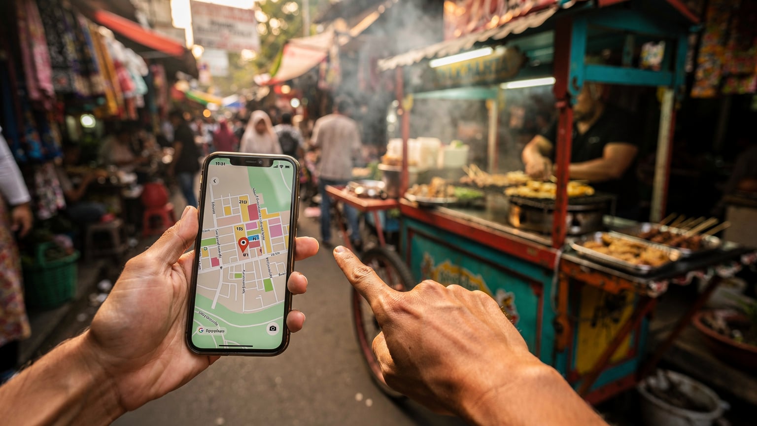 A close-up of a traveler's hands, one holding a smartphone displaying a map, the other pointing towards a traditional Indonesian street food vendor in a bustling market alley.