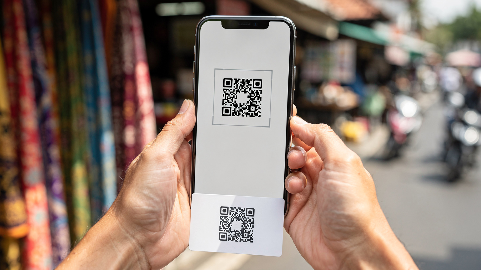 A traveler meticulously scanning a QR code on their smartphone screen, with a blurred backdrop of a bustling Indonesian street market, highlighting the ease of eSIM activation.