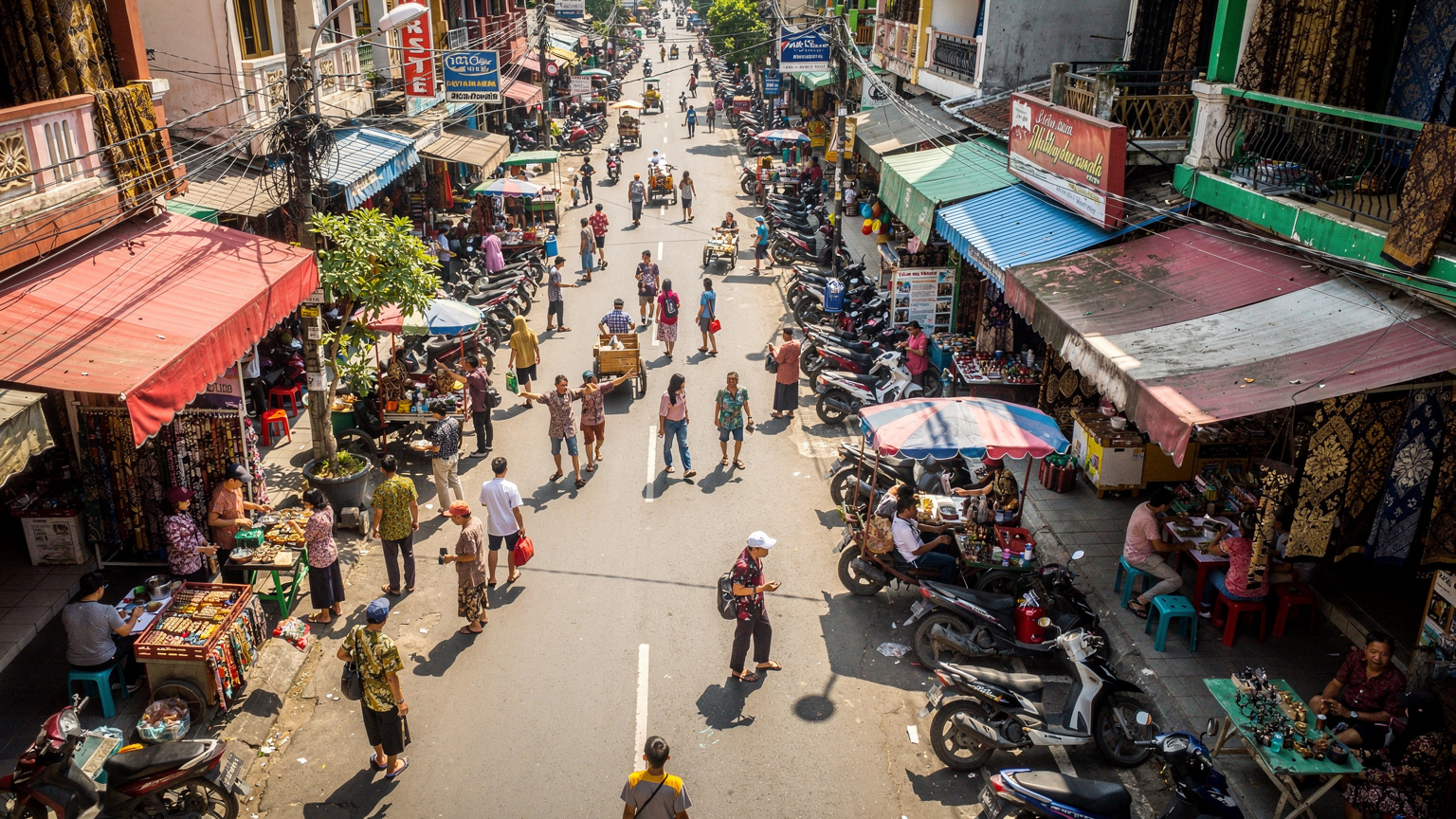An aerial view of a vibrant Indonesian market, perhaps in Yogyakarta's Malioboro Street, with people bustling around food stalls and textile shops, showcasing the lively local culture.