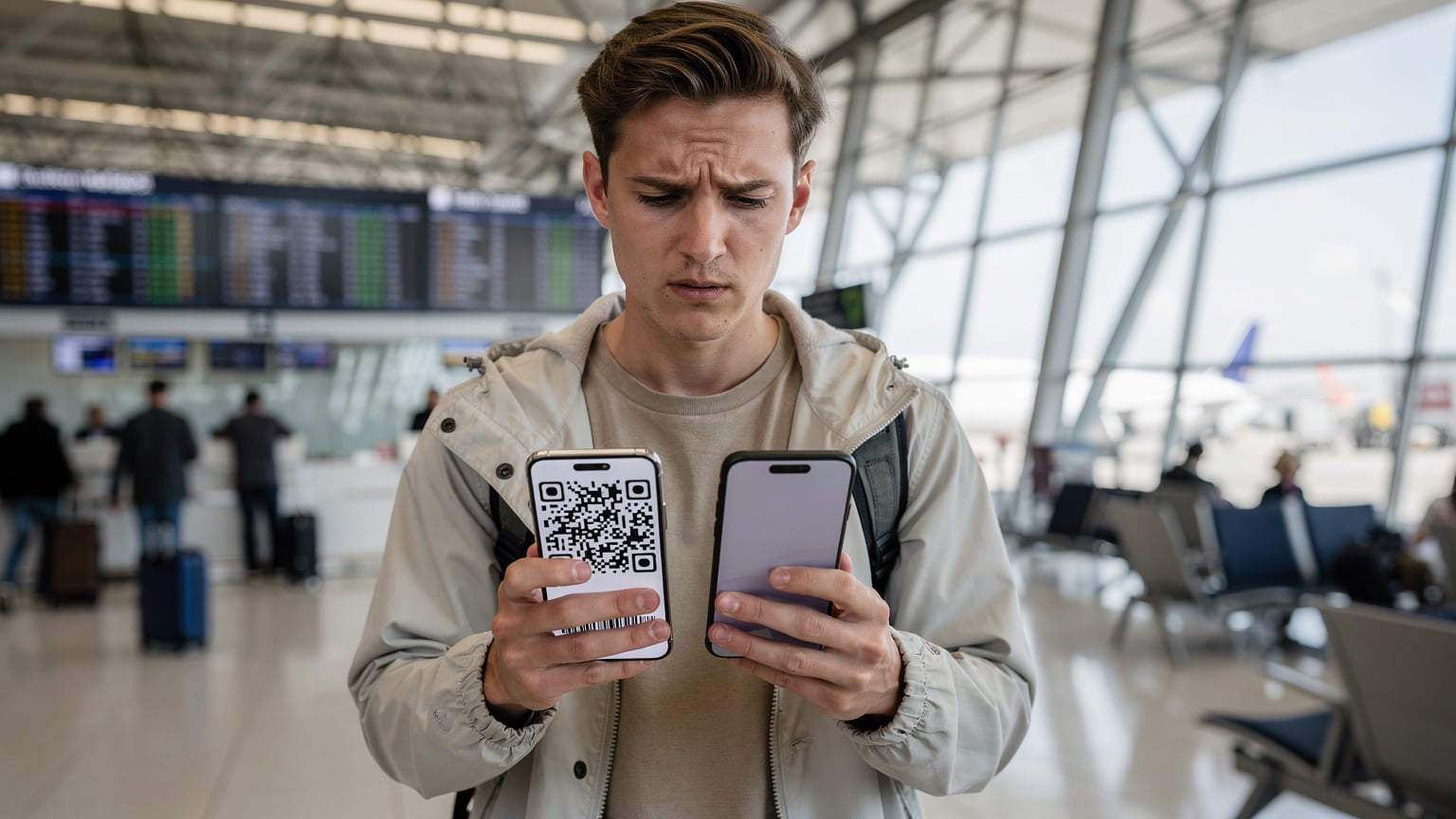 A traveler at an airport terminal, looking slightly stressed, trying to scan an eSIM QR code on their phone screen with another device, illustrating a common pre-travel technical hurdle.