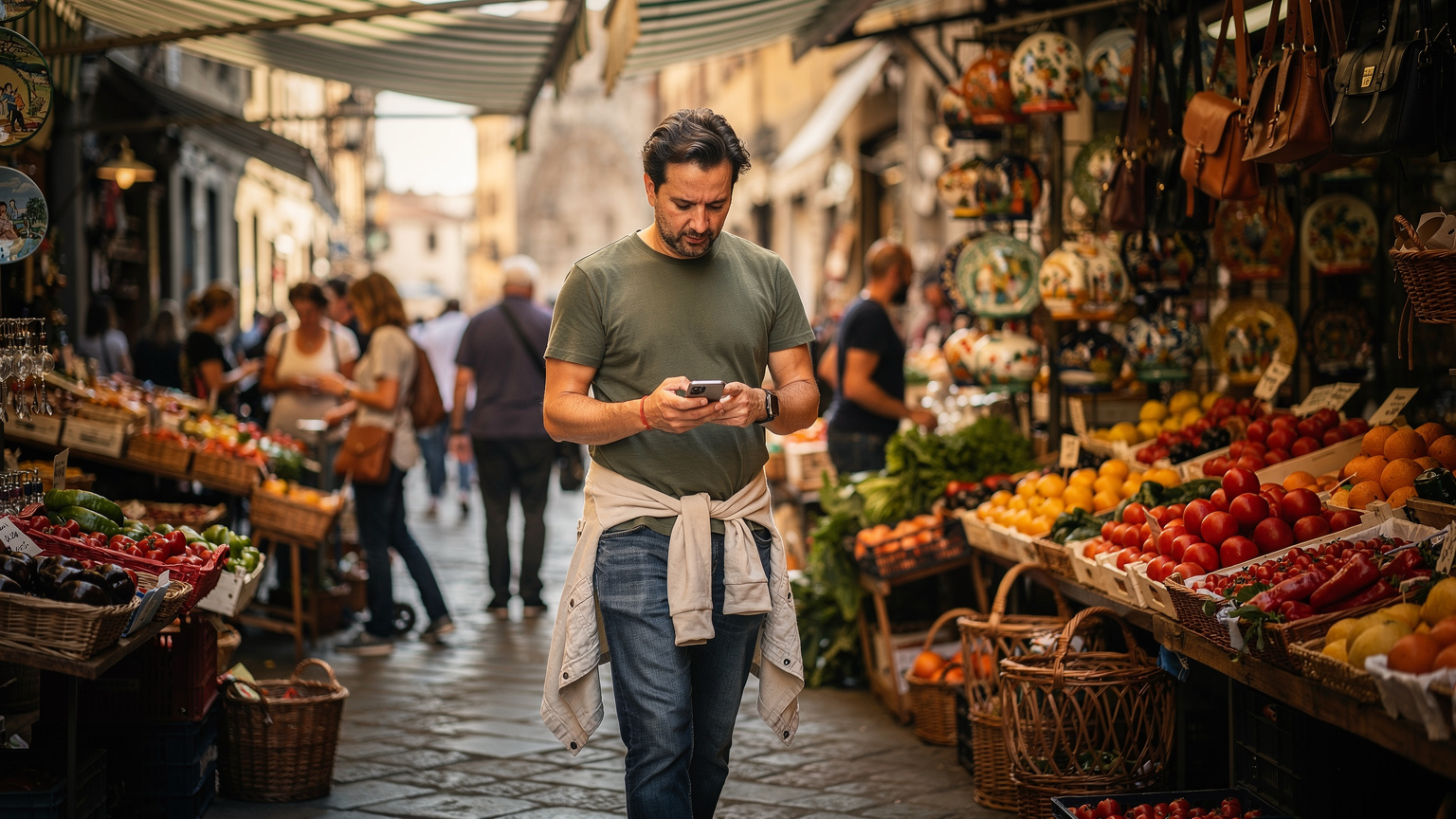 Un uomo italiano con i capelli scuri, vestito in modo casual, controlla il suo smartphone con un'espressione concentrata mentre cammina in un mercato affollato di Firenze, con banchi di frutta fresca, verdura e artigianato locale sullo sfondo. La luce del sole pomeridiana filtra attraverso le tende del mercato, creando un'atmosfera vivace. Inquadratura a mezzobusto, catturando l'interazione con il telefono in un contesto di viaggio autentico. Stile fotografico documentaristico editoriale.