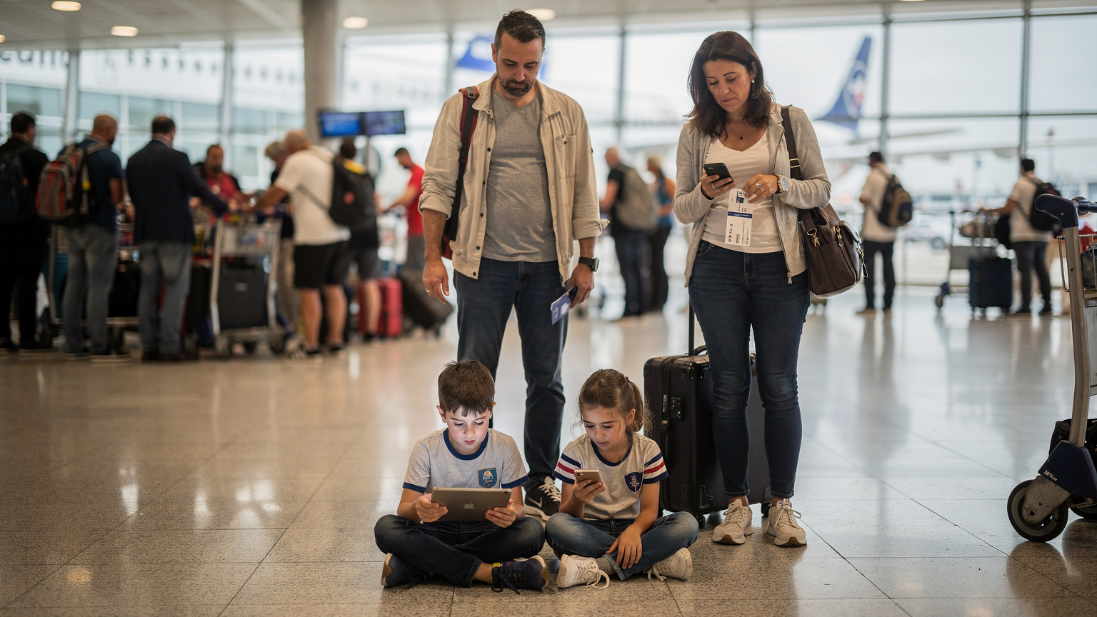Una famiglia italiana, composta da madre, padre e due bambini piccoli, è in fila per l'imbarco all'aeroporto di Napoli Capodichino. I bambini sono seduti per terra, distratti da un tablet. La madre, con un'espressione leggermente preoccupata, controlla il suo smartphone, apparentemente alle prese con problemi di connessione o ritardi. L'ambiente è quello di un affollato terminal aeroportuale con valigie e altri passeggeri sullo sfondo. Scatto con obiettivo grandangolare 24mm, per catturare la scena e l'atmosfera frenetica. Stile fotografico documentaristico. Photorealistic, no on-screen text or UI, no readable logos, no superimposed graphics.