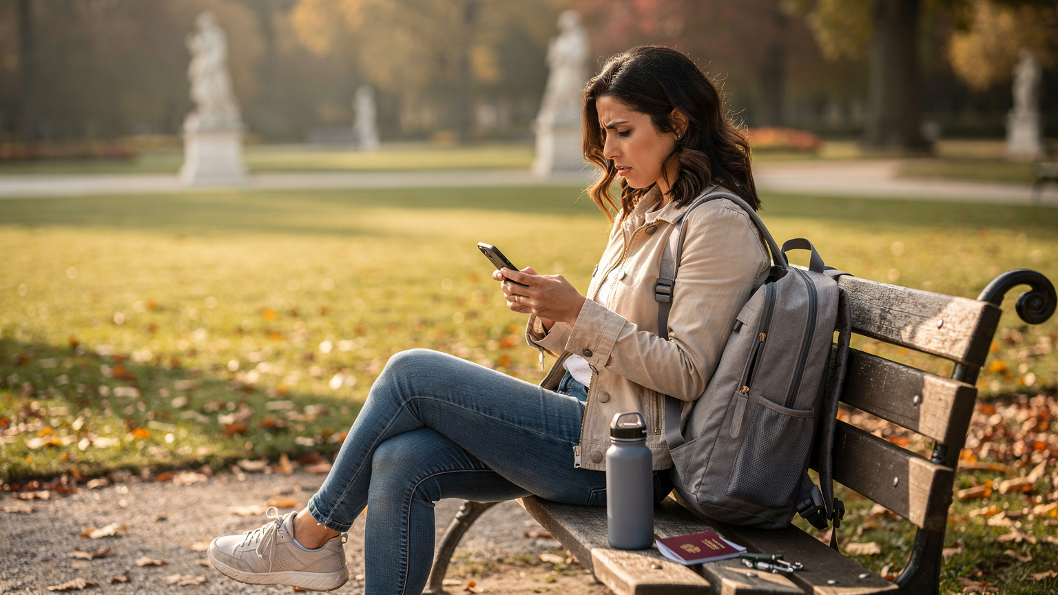 Una donna italiana in viaggio, con uno zaino elegante, è seduta su una panchina in un tranquillo parco di Vienna, magari nel Prater o nei giardini del Belvedere. Guarda il suo telefono con un'espressione confusa o preoccupata, come se stesse affrontando un problema di connessione. Accanto a lei, sul telefono, ci sono il suo passaporto italiano e una bottiglia d'acqua. La luce è quella di un pomeriggio autunnale, morbida e calda. Scatto con obiettivo 35mm, inquadratura media, per catturare sia la persona che parte dell'ambiente. Fotografia editoriale, che racconta una piccola difficoltà di viaggio. Photorealistic, no on-screen text or UI, no readable logos, no superimposed graphics.