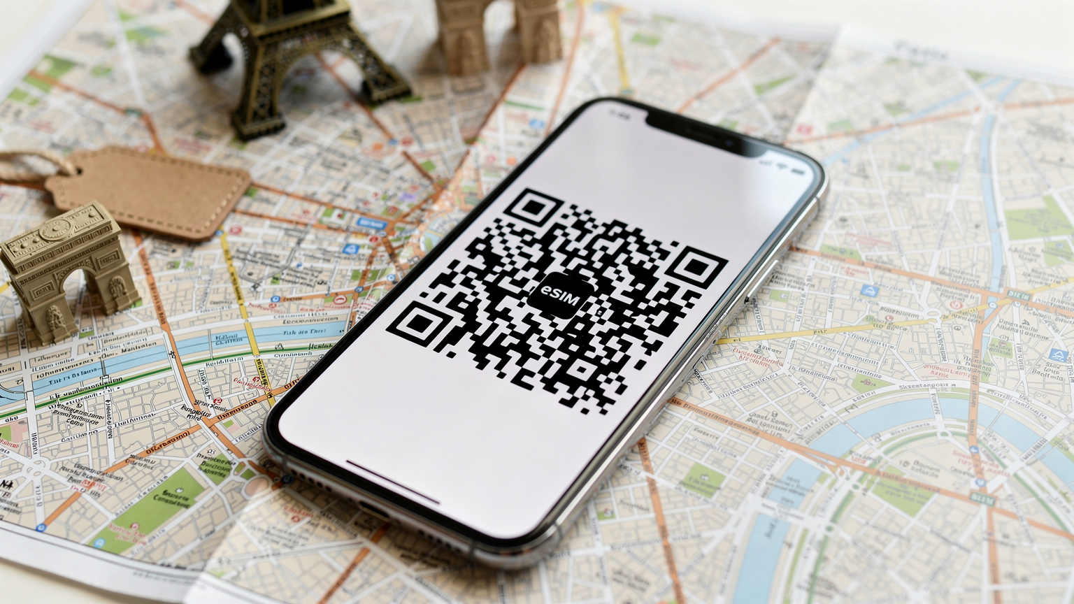 Un primo piano di uno smartphone che mostra un codice QR per l'attivazione dell'eSIM, appoggiato su una mappa cartacea dettagliata di Parigi. Sullo sfondo, si intravede una Torre Eiffel stilizzata e altri elementi iconici della città, in un'illuminazione morbida e diffusa. La scena è un flat-lay editoriale che comunica preparazione al viaggio e tecnologia. Fotografia da copertina di rivista di viaggio, con un'enfasi sui dettagli e una composizione pulita. Photorealistic, no on-screen text or UI, no readable logos, no superimposed graphics.