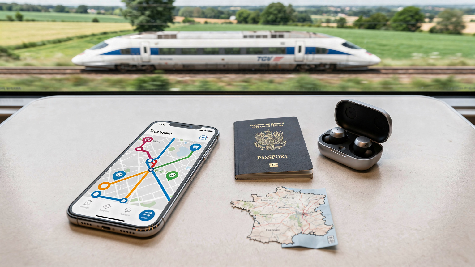 Un écran de smartphone affichant une application de transport en commun, avec un TGV filant à travers la campagne française en arrière-plan flou, illustrant le voyage inter-villes.