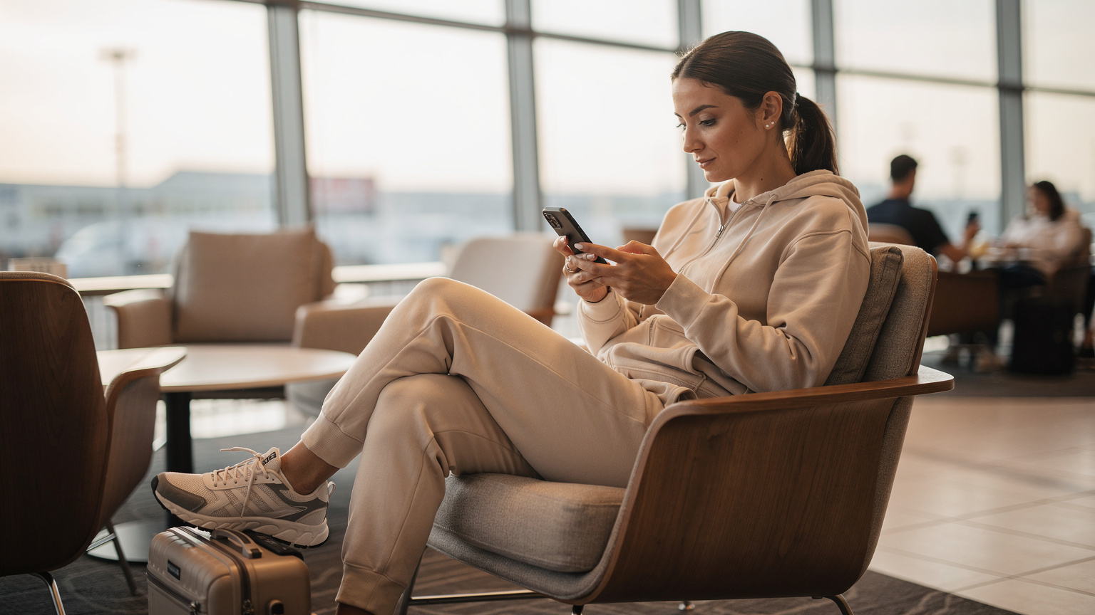 Une athlète, fraîchement arrivée à l'aéroport Charles de Gaulle, active son eSIM sur son smartphone, signe de préparation et de sérénité avant l'agitation des Jeux.