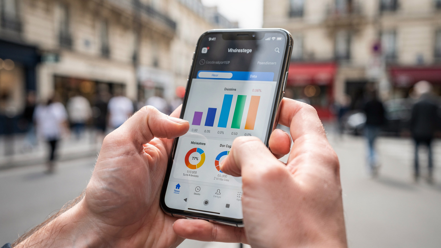Une personne consulte son téléphone pour vérifier la consommation de données de son eSIM, avec un arrière-plan flou d'une foule animée à Paris.