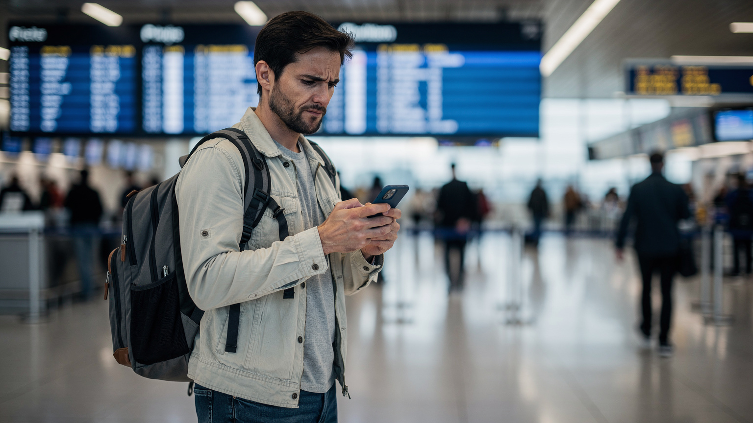 Un voyageur à l'aéroport, l'air perplexe, fixant son téléphone, suggérant un problème de connectivité ou de configuration de son eSIM.