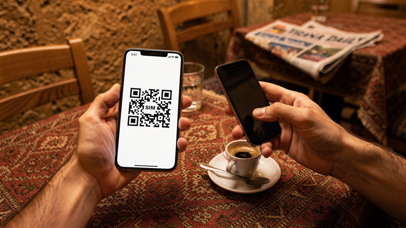 دستانی در حال نگهداشتن گوشی هوشمند و اسکن کردن یک کد QR برای فعالسازی eSIM در یک کافه دنج در آلبانی.
