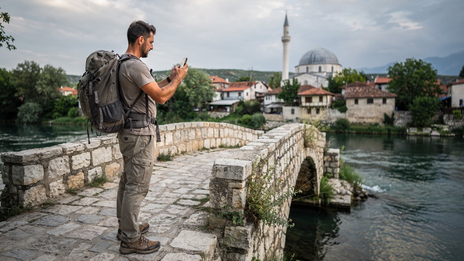 Ένας backpacker με σακίδιο, φωτογραφίζει με το smartphone του, μια γραφική γέφυρα πάνω από τον ποταμό Μπουνά κοντά στη Σκόδρα της Αλβανίας, με έναν παραδοσιακό οθωμανικό μιναρέ στο φόντο.