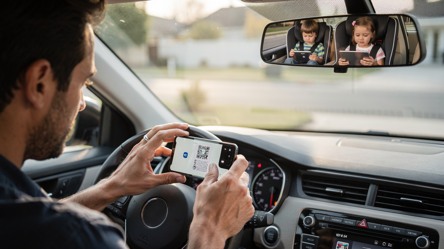 Ένας πατέρας χρησιμοποιεί το smartphone του για να σαρώσει έναν QR κωδικό eSIM, ενώ τα παιδιά του παίζουν ήρεμα με τα tablets τους στο πίσω κάθισμα ενός αυτοκινήτου, περιμένοντας να ξεκινήσουν το ταξίδι.