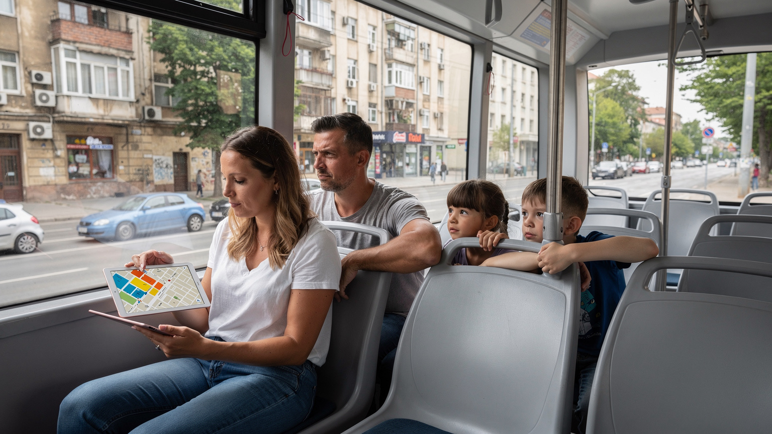 Μια οικογένεια στο εσωτερικό ενός τραμ στο Βελιγράδι, με τη μητέρα να κοιτάζει έναν offline χάρτη στο tablet της, ενώ ο πατέρας και τα παιδιά παρακολουθούν το τοπίο έξω από το παράθυρο.