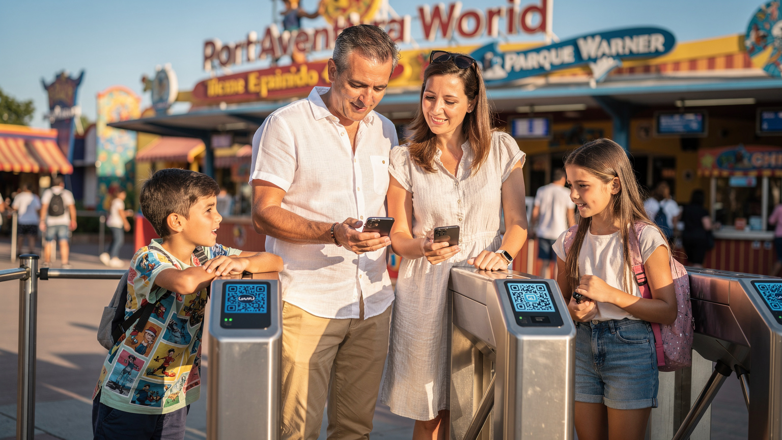 Una familia usando sus teléfonos para escanear códigos QR en la entrada de un parque temático en España, con los niños emocionados y los padres coordinando las entradas gracias a la conectividad de su eSIM.