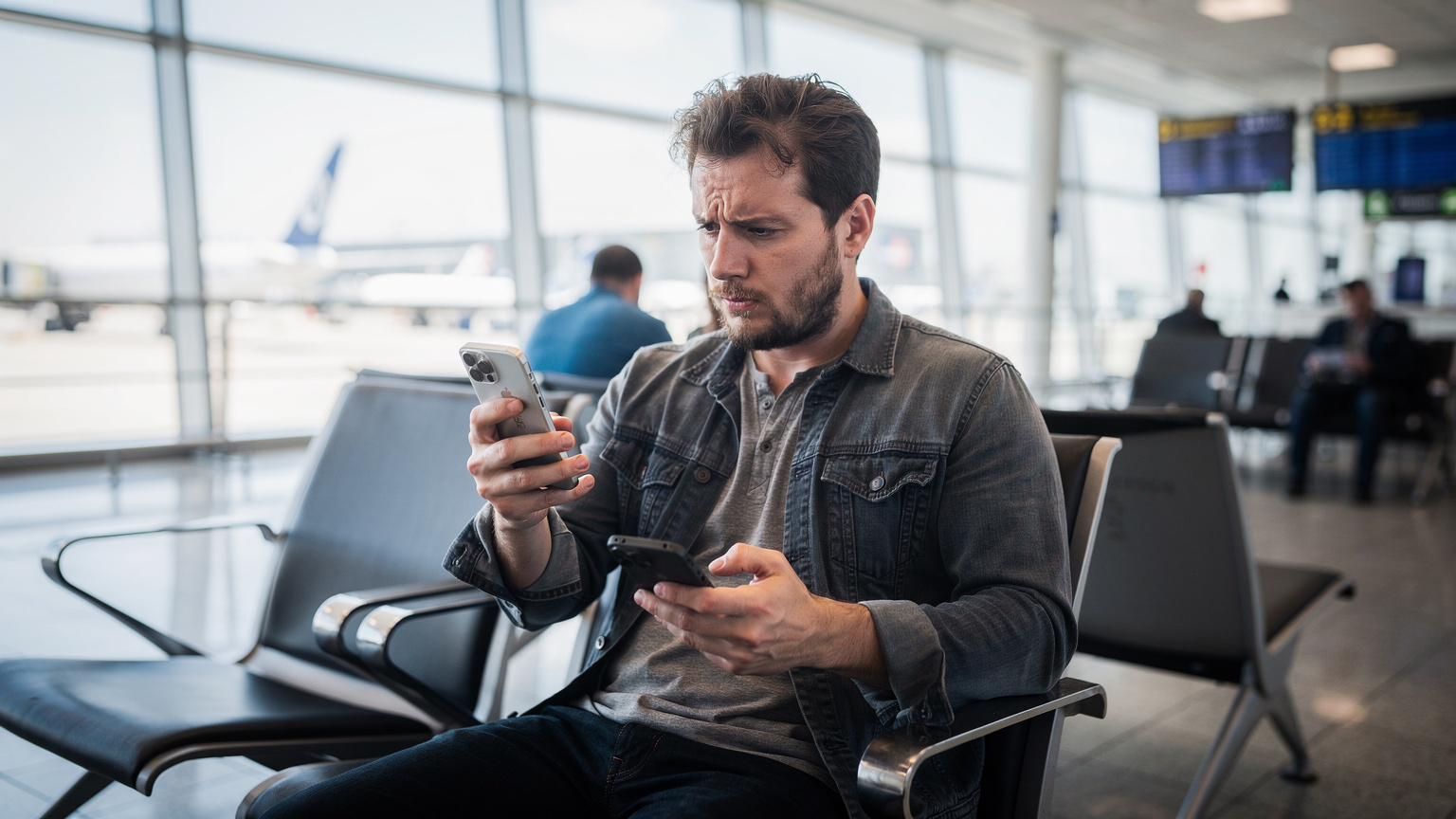 Een persoon zit gefrustreerd op een bankje in een drukke luchthaven, met een nieuwe iPhone in de hand die geen verbinding lijkt te maken. Ze controleren hun oude telefoon met een bezorgde blik.