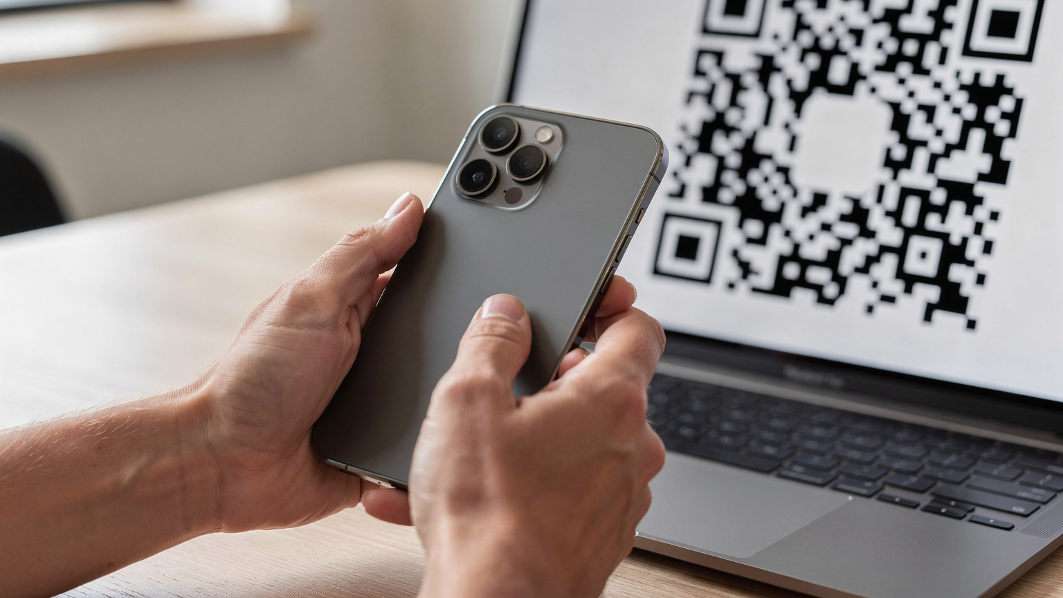 Close-up van handen die een iPhone 18 vasthouden en een QR-code scannen van een ander scherm, waarschijnlijk een laptop, in een moderne, opgeruimde setting.