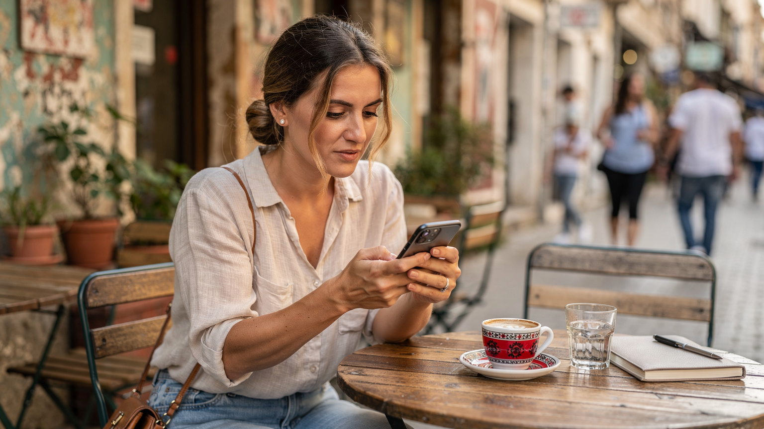 Cyfrowa nomadka z Polski przeglądająca swój telefon w kawiarni w Tiranie, sprawdzająca połączenie eSIM przed wyruszeniem na zwiedzanie miasta.